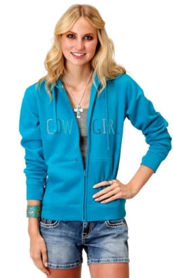 Roper Cowgirl Zip Hoodie With Thumb Holes -Cavalleria Toscana Store cowgirl hoodie thumb holes blue front 0309805144033 roper 38109.1653413363