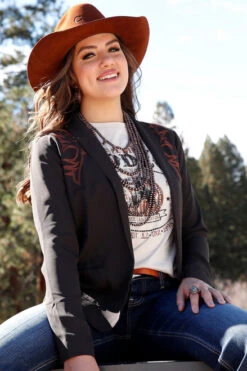 Cruel Denim Embroidered Blazer -Cavalleria Toscana Store embroidered blazer brown front CWJ7274003 miller international 33213.1691012405