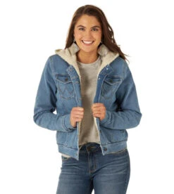 Wrangler Women's Denim Sherpa Hooded Jacket -Cavalleria Toscana Store hood denim jacket sherpa denim front 112317280 wrangler 77406.1663189613
