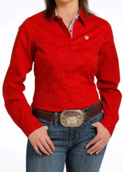 Cinch Performance Shirt No Pockets -Cavalleria Toscana Store subtle print ls red front MSW9165035 cinch 84687.1689018467